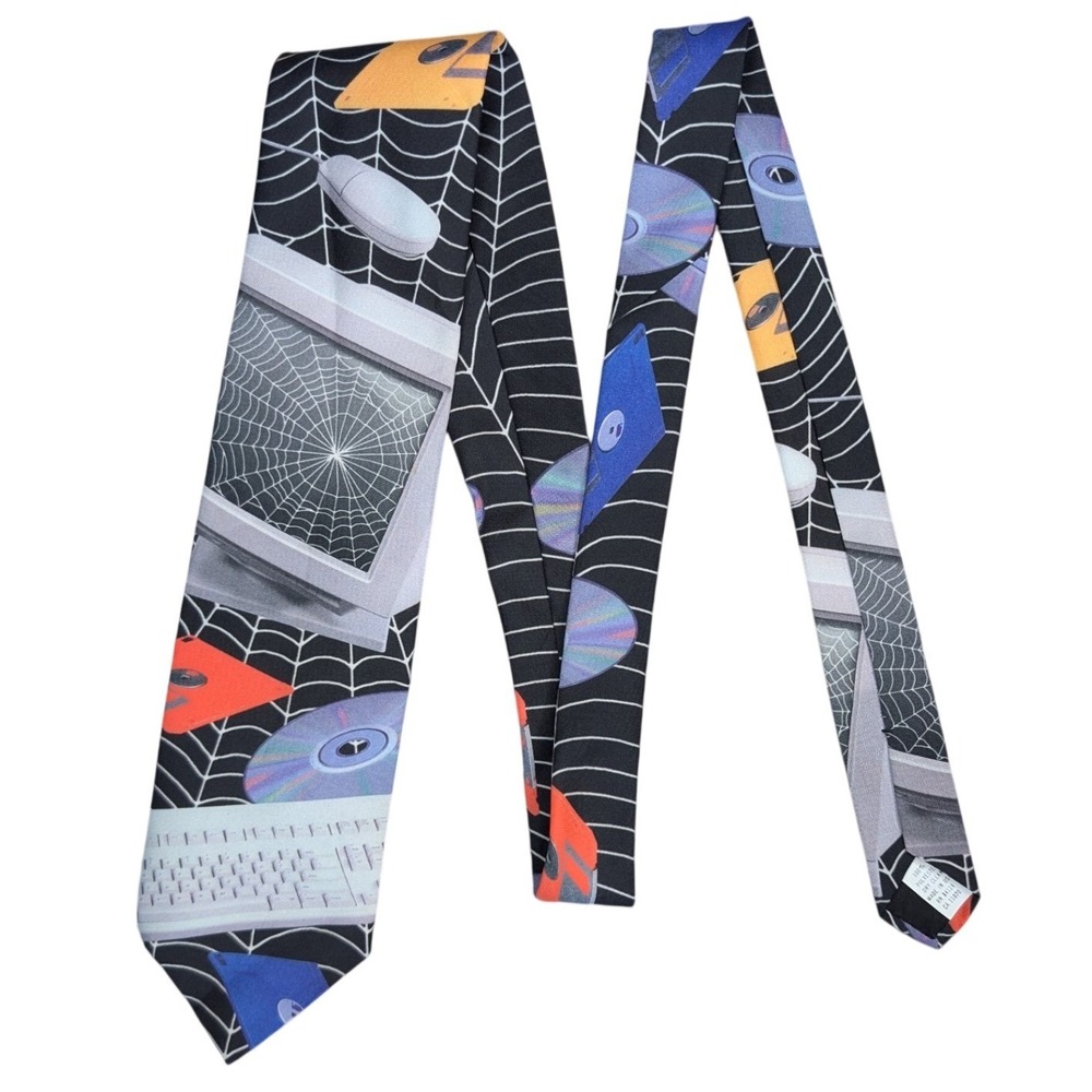 90s Vintage Ralph Marlin computer tech Web Black neck tie